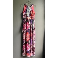 Eliza J Chiffon Long Floral Print Maxi Dress High Neck Tie Back Sz 2P Resort