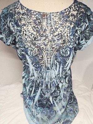 Unity Flutter Boho green/blue Rhinestone Vneck Top M Y2k Casual Crochet Knit Bak