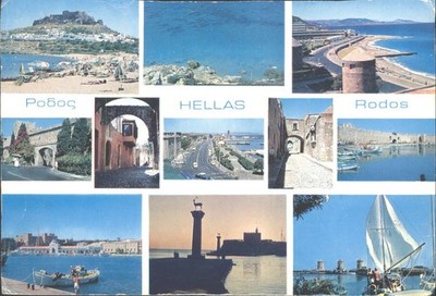 Vintage Postkarte Rodos Rhodos Griechenland Collage Lindos Akropolis Windmühlen