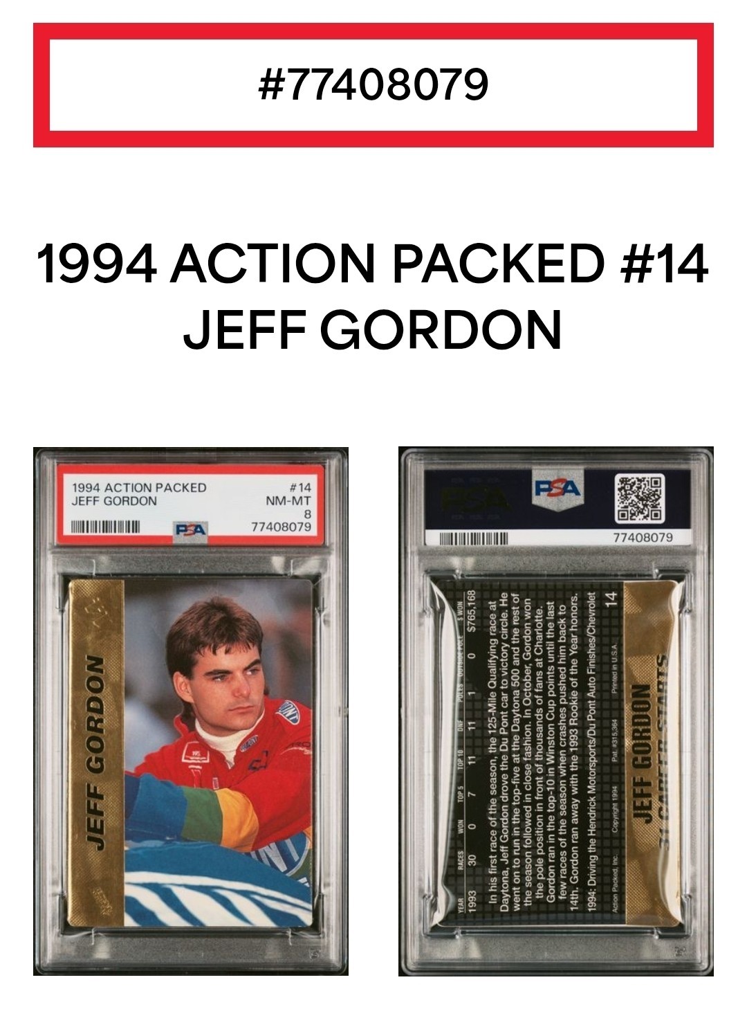 🏁 Jeff GORDON 1994 Action Packed #14 POP 4 🔥 PSA 8 Near Mint - Mint view 3