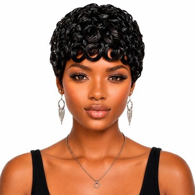 Pixie Cut Human Hair Wig Curly Glueless Short Wig #18 for Black Women
