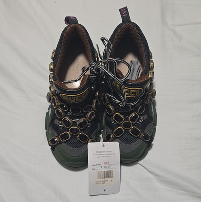 Gucci Flashtrek Low Top Leather Sneaker Black Green Gold Lace Up Reflective