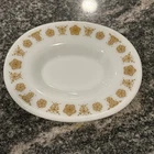 Vtg 70s Pyrex Butterfly Gold Oval Gravy Boat Under Plate 77-U Corning NY Glass