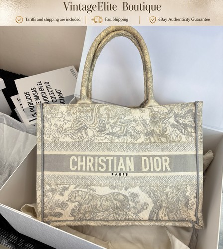 Dior Book Tote Medium Beige Canvas Gold HW Shoulder Tote Bag Preowned Authentic