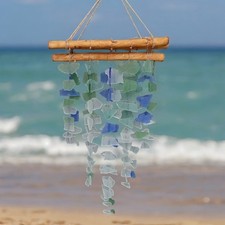 Ocean Themed Sea Glass Wind Chimes for Outside Beach Wooden Hanging Decor Home
