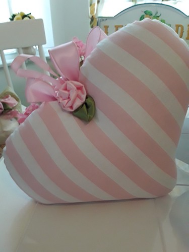 COTTAGE CHIC BIGGER PINK CABBAGE ROSES PINK STRIPES FABRIC HEART SHAPED PILLOW - Picture 7 of 8