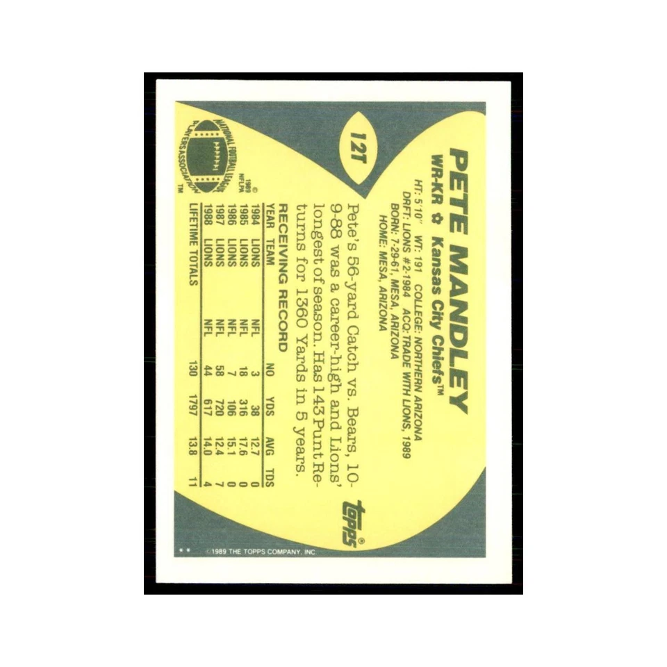 1989 Topps Traded Pete Mandley Chiefs #12T - Image 2 of 3