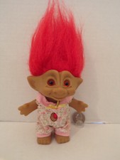Russ Troll Doll 4" Vintage Pink Outfit Red Belly Jewel Orange Hair Amber Eyes