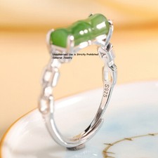 Pure S925 Sterling Silver Green Jade Jadeite Bamboo Beads Open Ring us:6-9