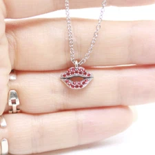 Lip Necklace Silver Tone Red Lip Necklace Crystal Charm Necklace by controse