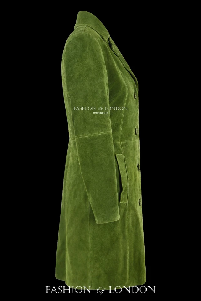 Women's Genuine Leather Coat Elegant Trench Lime Green Suede Knee-Length Coat - Image 2 of 4
