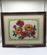 VINTAGE Retro Cross Stitch Flowers w/Green Border Framed Wall Hanging