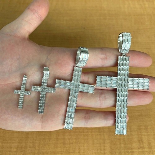 Mens Real Solid 925 Sterling Silver Cross Pendant Baguette Iced CZ Necklace - Picture 8 of 8