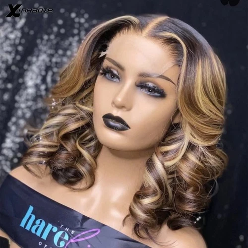 Loose Wave Bob Highlight 13x4 Lace Front Human Hair Wig Brazilian with Baby Hair - Image 2 of 4