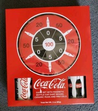 Coca Cola Game Set Magnetic Bottle Cap Dart Board w/ Mugs and Pretzels