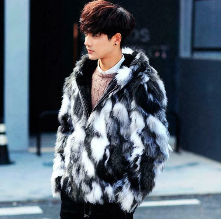 Мужской искусственного меха с капюшоном зимние модные короткое пальто куртка кроличьего молнии повседневный 2025 - Изображение 3 из 4