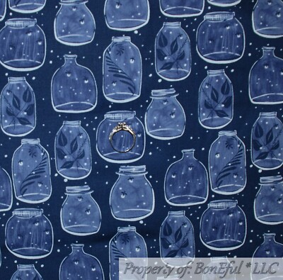 BonEful Fabric FQ Cotton Quilt Blue Lightening Bug Jar Cabin Scenic Dark Night S
