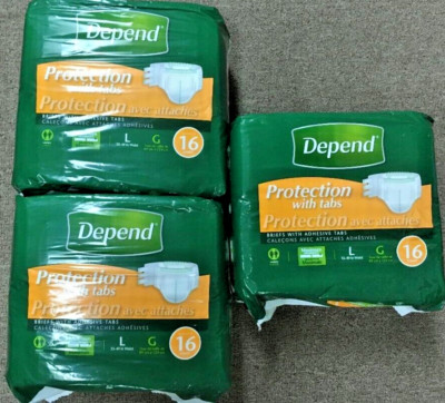 48 COUNT~3@16 each~DEPENDS PROTECTION with TABS~MAXIMUM ABSORBENCY~UNISEX~LARGE