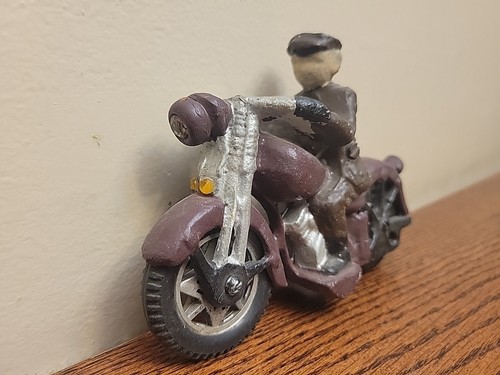 Vintage Cast Iron Brown Police? Motorcycle 6" Inch with Rolling Wheels - Picture 2 of 8