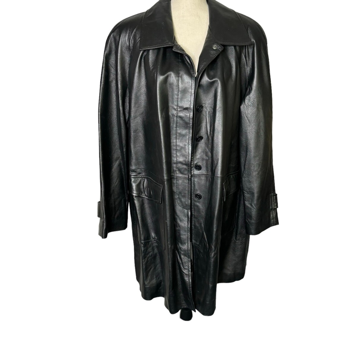 Newport News Coat Womens 2X Black Leather Overcoat Easy Style