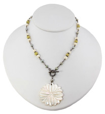 Sterling Silver 925 Necklace Carved MOP, Pearls & Yellow Color Natural Gemstones