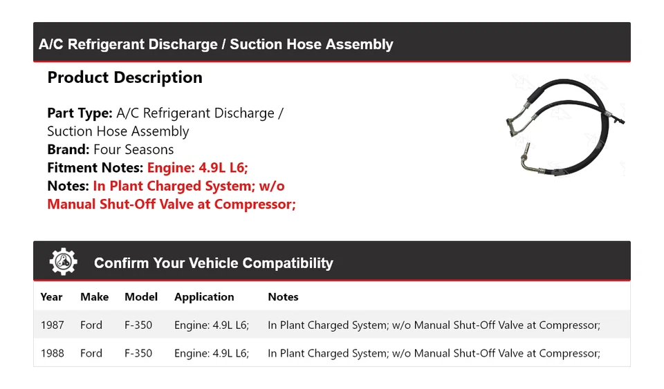 For 1987-1988 Ford F-350 AC Refrigerant Discharge / Suction Hose Assy 4 Seasons - Image 2 of 4