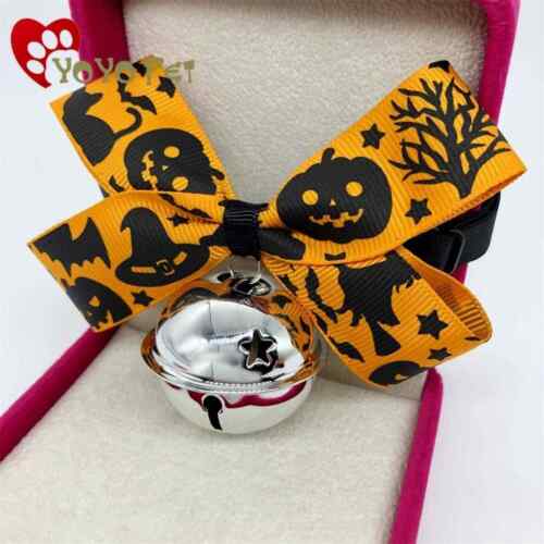 Jack-o-Lantern on Orange Grosgrain Ribbon Halloween Pet Collar with Bell - Afbeelding 1 van 1