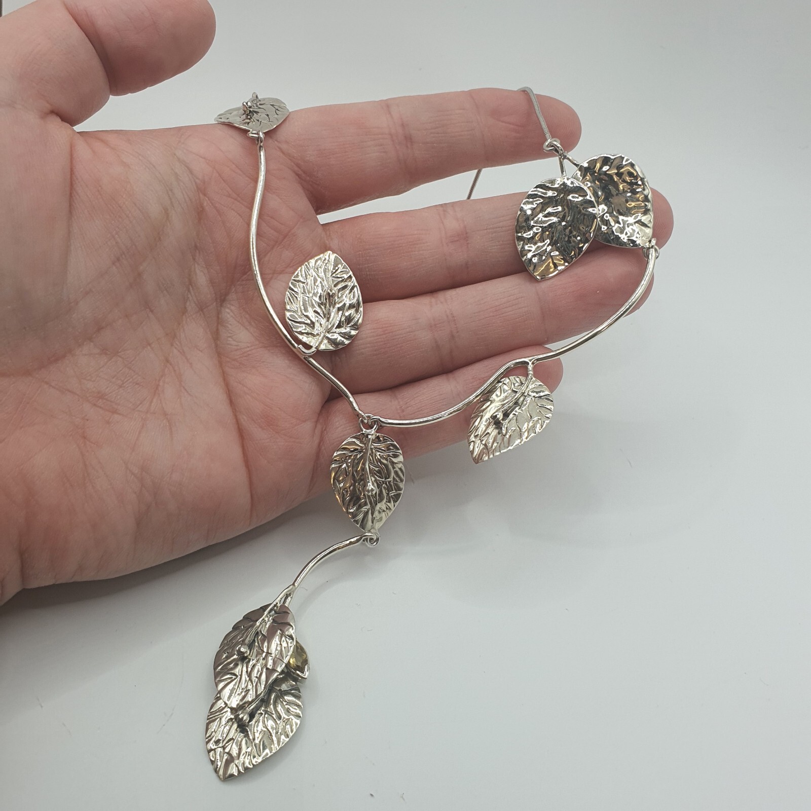 Sterling Silver Modern Leaf Drop Necklace With Citrine Stone 24g, N12
