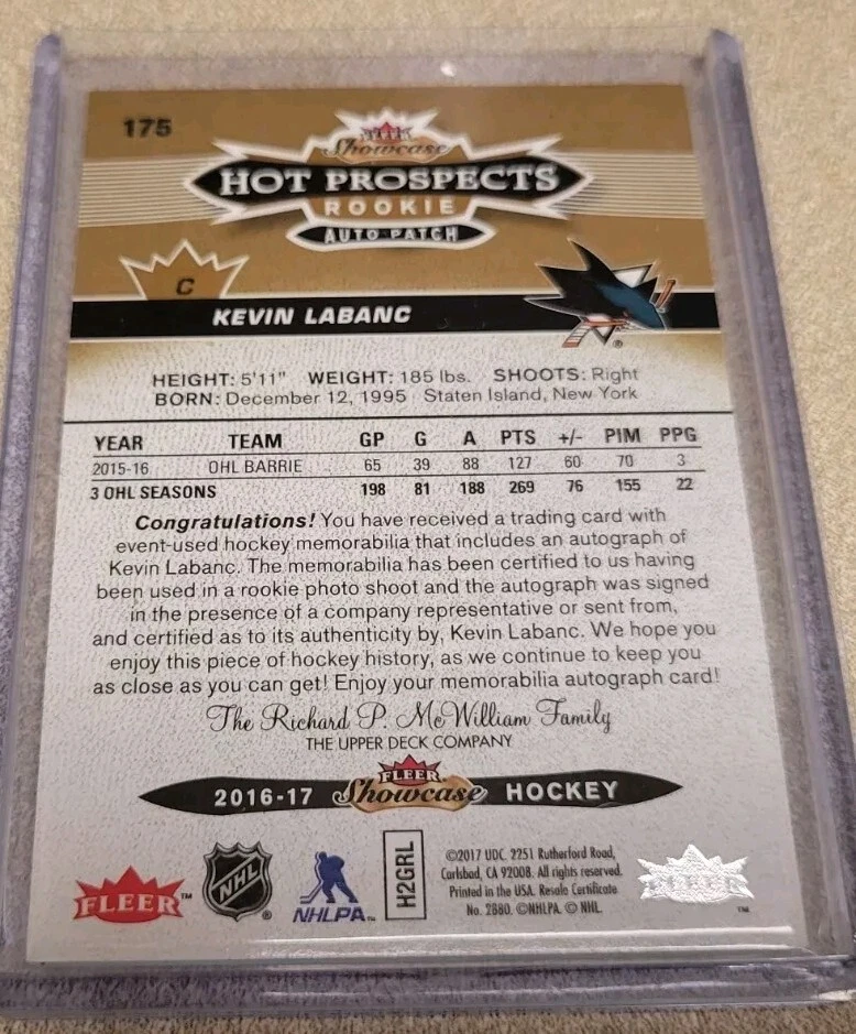 KEVIN LABANC 2016-17 FLEER SHOWCASE HOT PROSPECTS ROOKIE AUTO PATCH SP/135 #175 - Image 2 of 2