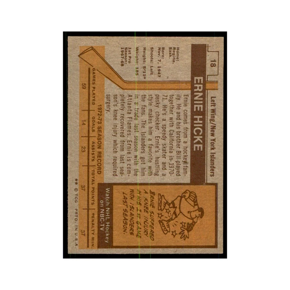 Ernie Hicke 1973 Topps #18 Hockey Cards Hockey Card EX - Image 2 of 3