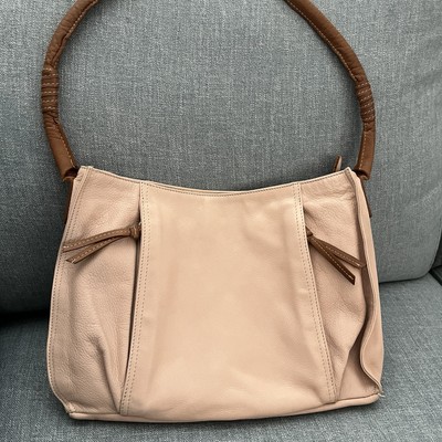 Blush Pink Pebbled Leather Shoulder Bag Brown Contrast Trim Multi Compartment