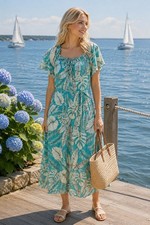 Talbots Plus Women's 18W Turquoise Tropical Palm Leaf Cotton Midi Dress