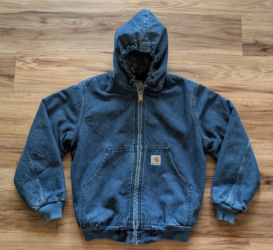 Vintage Carhartt Denim Hooded Jacket Youth M Blue Blanket Line ASAP Rocky Y07DST - Image 2 of 4