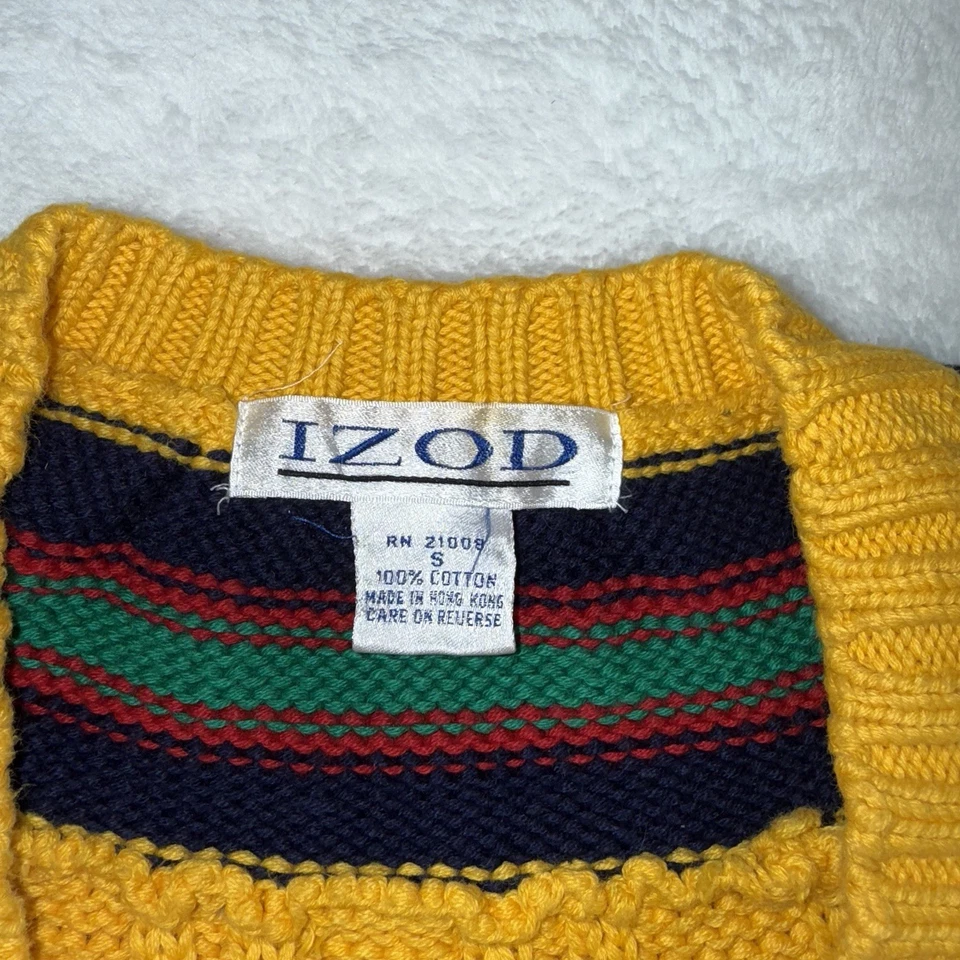 VTG IZOD Cable Knit Sweater Mens V Neck Tennis Yellow Striped 100% Cotton Sz S - Image 4 of 4