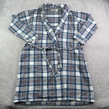 LL Bean Robe Mens Medium Grey Blue Tartan Plaid Flannel Housecoat Waist Tie