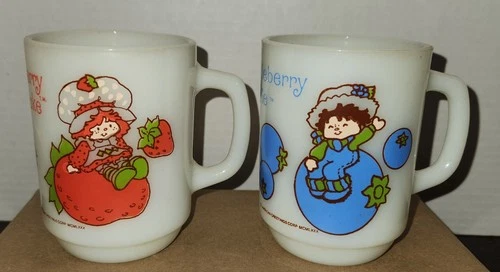 Vintage Strawberry Shortcake & Huckleberry Pie Milk Glass Mug Set