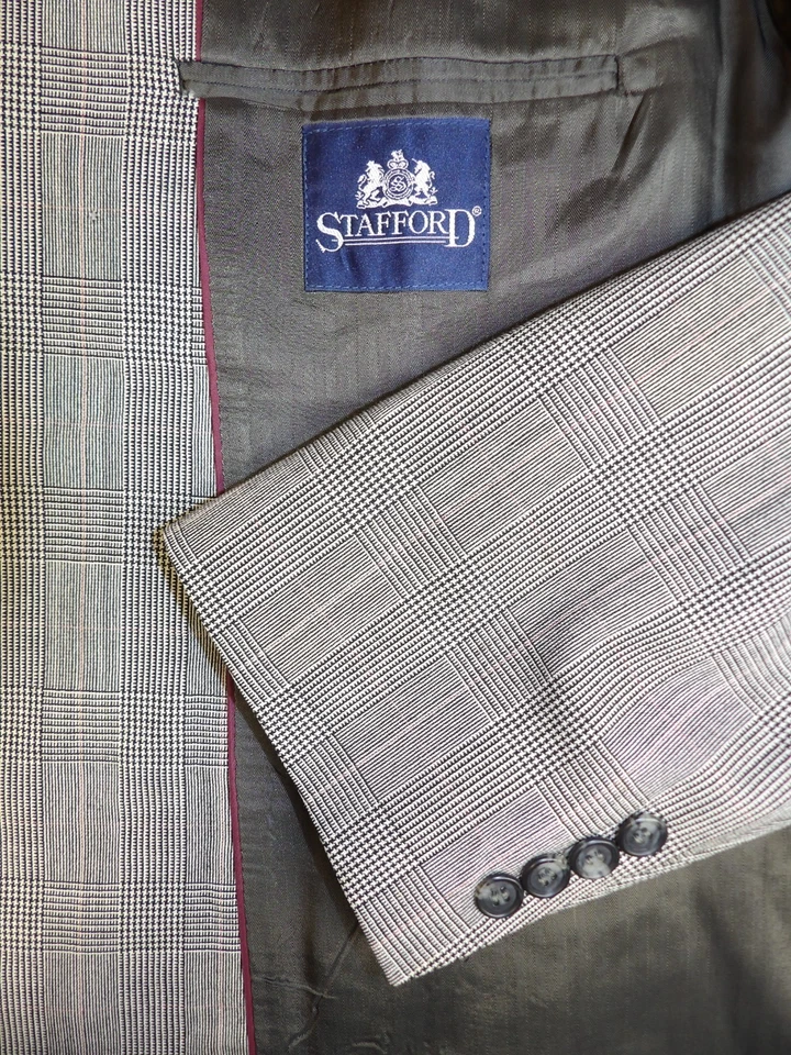 Traje Stafford Hombre 46r 42 X 28 Gris Blanco Negro Cuadros 100% Lana T-#401 Foto 3 de 4