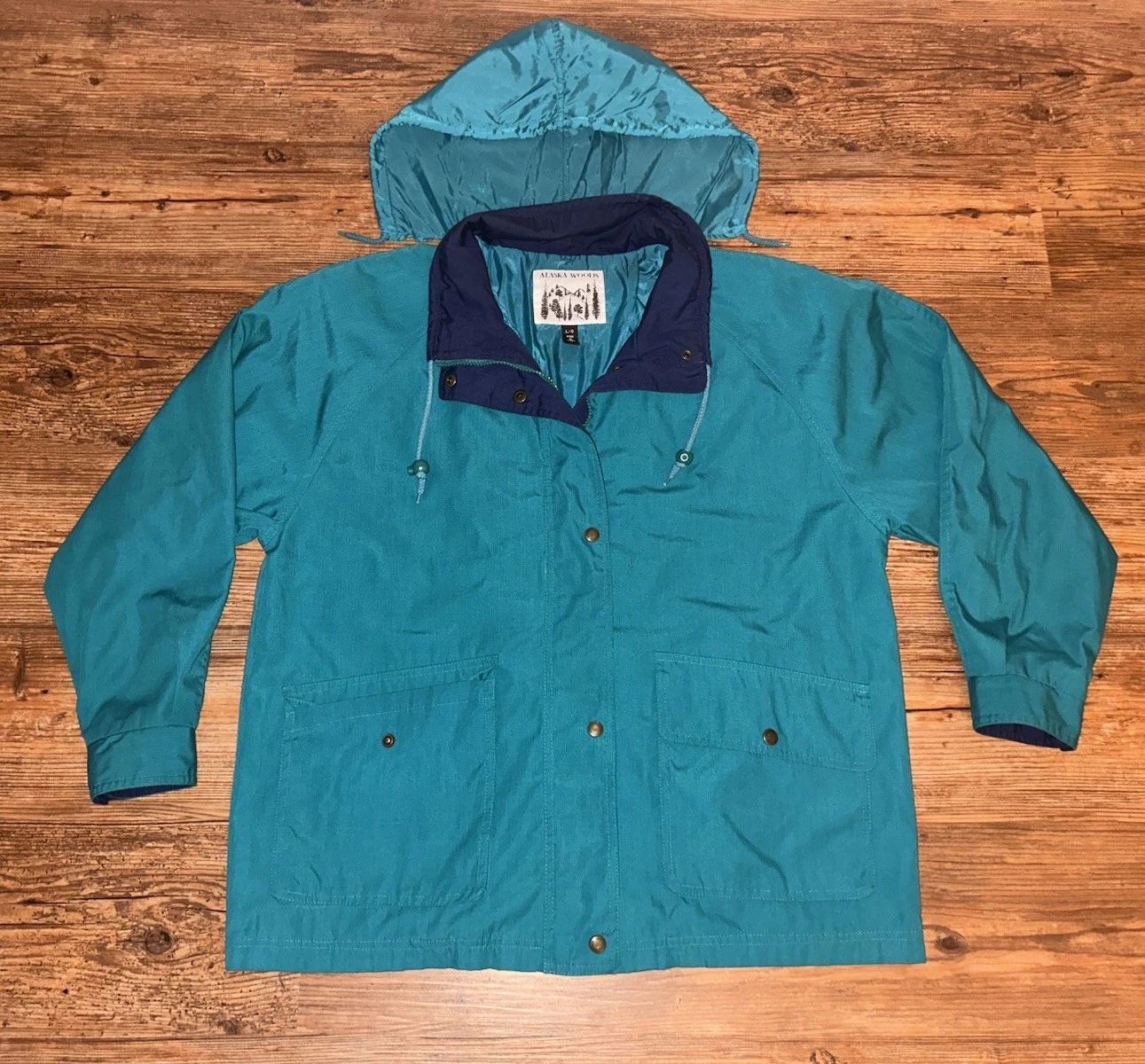 Vintage Alaska Woods Jacket Large Teal Nylon Lined High Collar Drawcord 90s