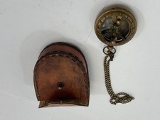 Engraved Brass Sundial Compass Vintage style Pocket w/Leather Pouch
