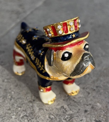 VTG Work of Art Jeweled Enameled Dog Trinket Box with Hinged Lid & Crystal Bling