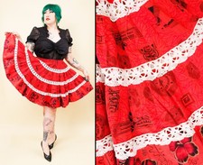 70s Vtg Red Cotton Polynesian Floral Print Hawaiian Hibiscus Circle Skirt W26-36