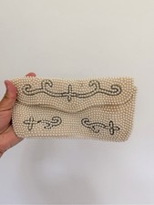 Vintage Pearl Beaded Clutch Bag in Cream READ Dirty Interior MCM Boho Party