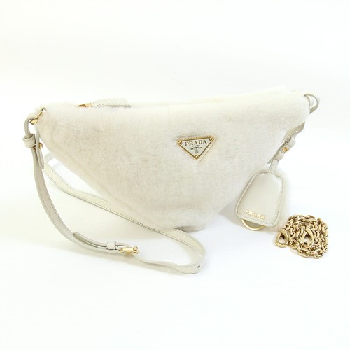 Prada 2-Way Shoulder Bag Off-White Gold Fur Leather Crossbody Triangle Chain