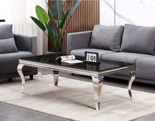 GLASS COFFEE TABLE BLACK GLASS & SILVER STAINLESS STEEL LEGS ATLANTA FURNITURE