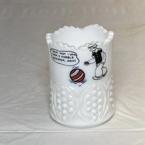 Vtg Popeye Toothpick Holder I Yam Wat I Yam A Marble Shooter Arf Milk Glass HTF