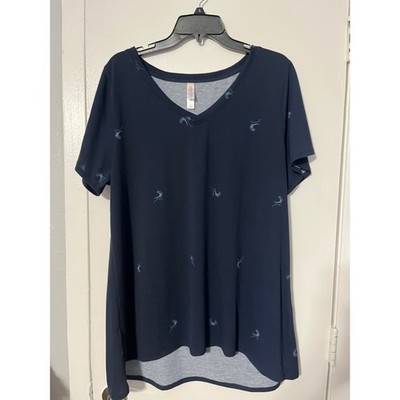 LuLaRoe Navy Blue Palm Tree V-Neck High-Low Tunic Top 2XL Short Sleeve Relaxed