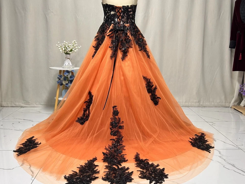 Gothic Strapless Wedding Dresses Black Lace Appliques Full Length Bridal Gowns - Image 3 of 4