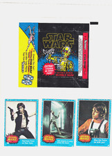 1977 STAR WARS SERIES 1 WAX PACK WRAPPER + 3 SERIES 1 CARDS HAN SOLO LUKE & LEIA
