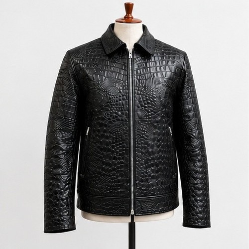 Men's Black Leather Jacket Crocodile Embossed Alligator Pattern Zip Up Coat