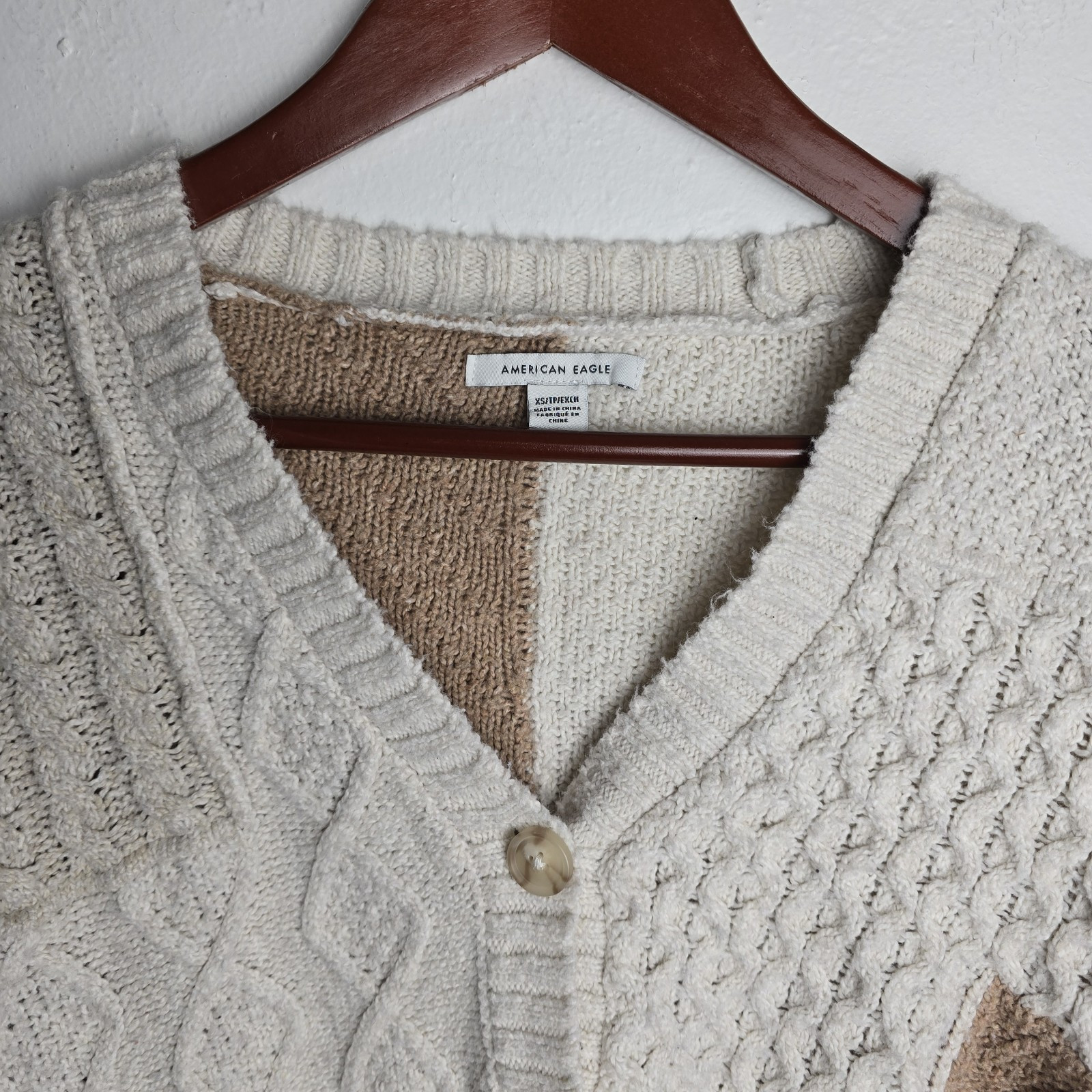 American Eagle Beige Cropped Patchwork Cardigan S… - image 2